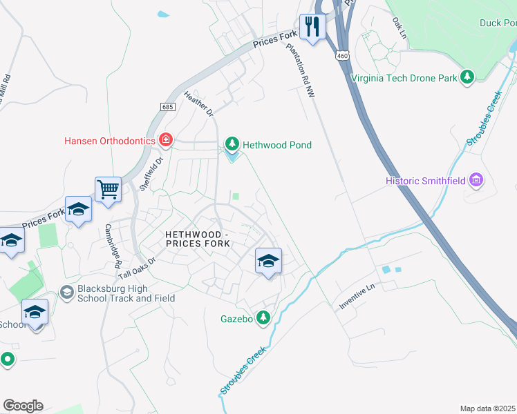 map of restaurants, bars, coffee shops, grocery stores, and more near 13200 Copper Croft Run Northwest in Blacksburg