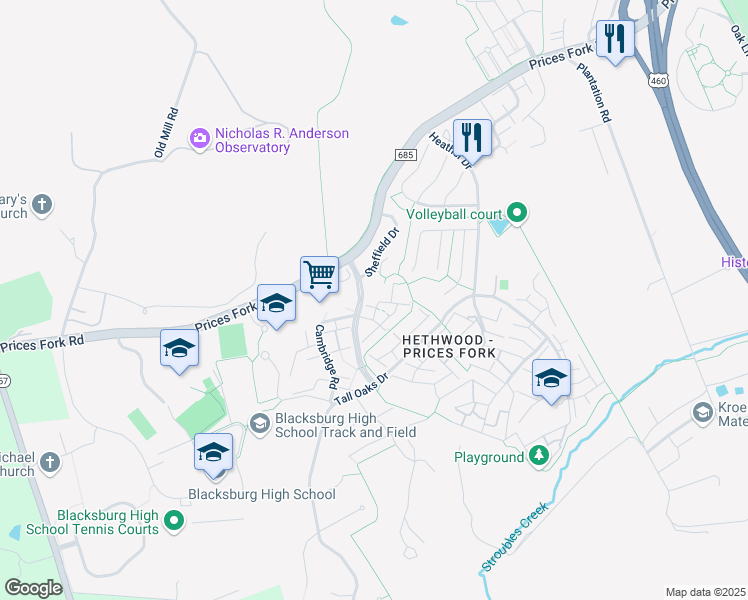 map of restaurants, bars, coffee shops, grocery stores, and more near in Blacksburg