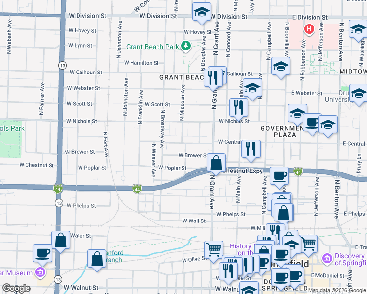 map of restaurants, bars, coffee shops, grocery stores, and more near 910 West Brower Street in Springfield