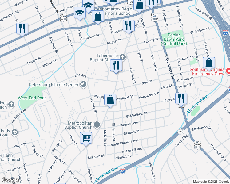 map of restaurants, bars, coffee shops, grocery stores, and more near 608 Halifax Street in Petersburg