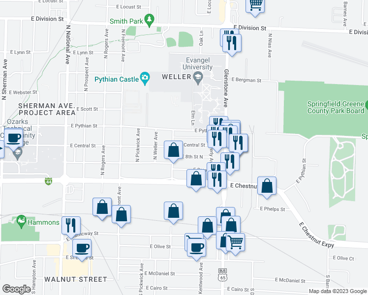 map of restaurants, bars, coffee shops, grocery stores, and more near 1626 East Central Street in Springfield