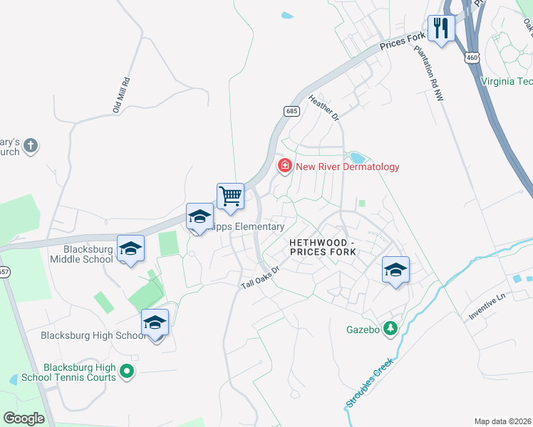 map of restaurants, bars, coffee shops, grocery stores, and more near 750 Hethwood Boulevard in Blacksburg