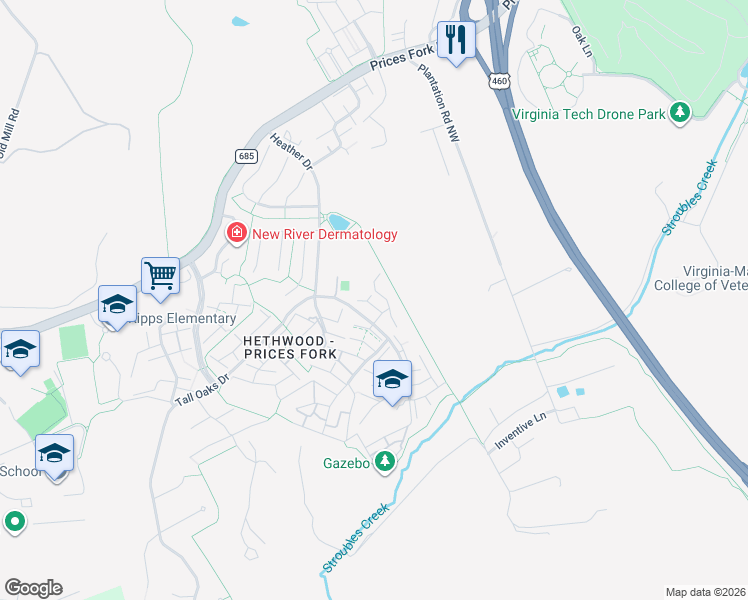 map of restaurants, bars, coffee shops, grocery stores, and more near 13200 Copper Croft Run Northwest in Blacksburg