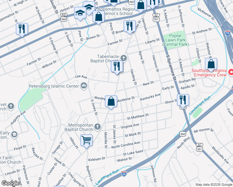 map of restaurants, bars, coffee shops, grocery stores, and more near 425 Mistletoe Street in Petersburg
