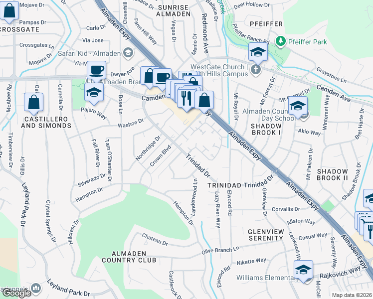 map of restaurants, bars, coffee shops, grocery stores, and more near 6720 Freedom Court in San Jose