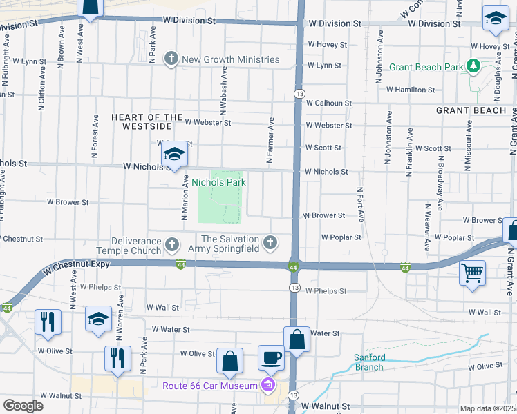map of restaurants, bars, coffee shops, grocery stores, and more near 1738 West Brower Street in Springfield