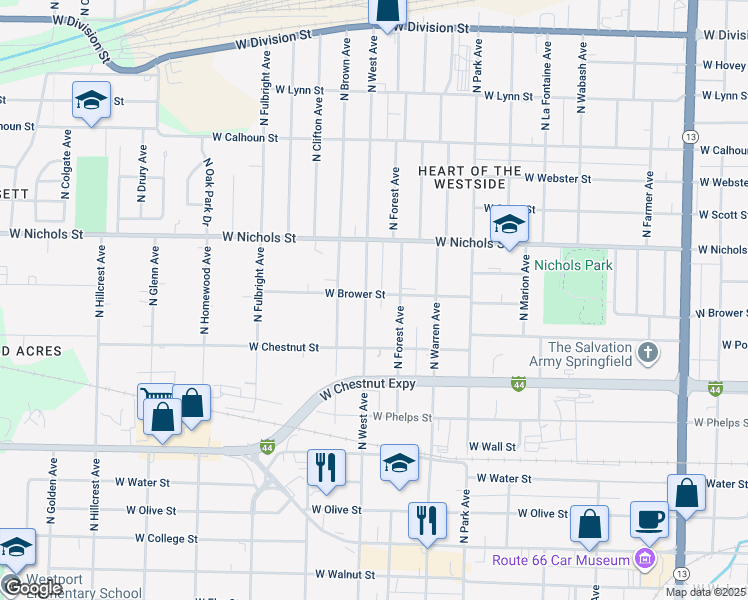 map of restaurants, bars, coffee shops, grocery stores, and more near 2434 West Brower Street in Springfield