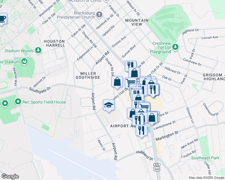 map of restaurants, bars, coffee shops, grocery stores, and more near 304 Country Club Drive Southwest in Blacksburg
