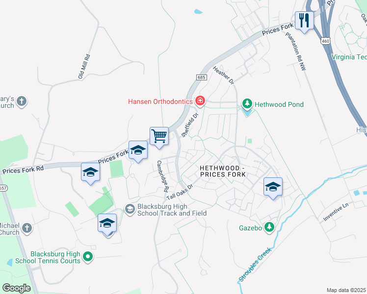 map of restaurants, bars, coffee shops, grocery stores, and more near in Blacksburg