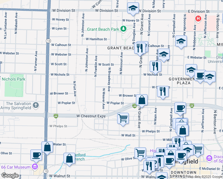 map of restaurants, bars, coffee shops, grocery stores, and more near 761 South Broadway Avenue in Springfield