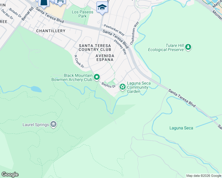 map of restaurants, bars, coffee shops, grocery stores, and more near 7588 Manresa Court in San Jose