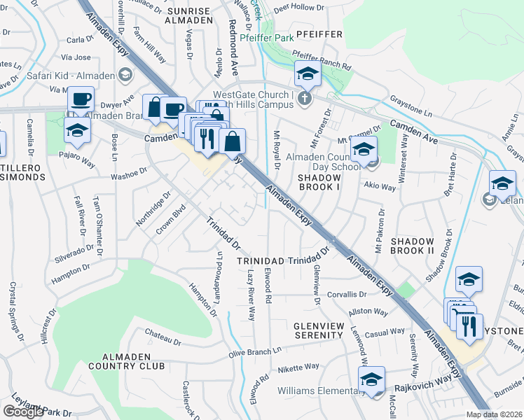 map of restaurants, bars, coffee shops, grocery stores, and more near 6669 Elwood Road in San Jose