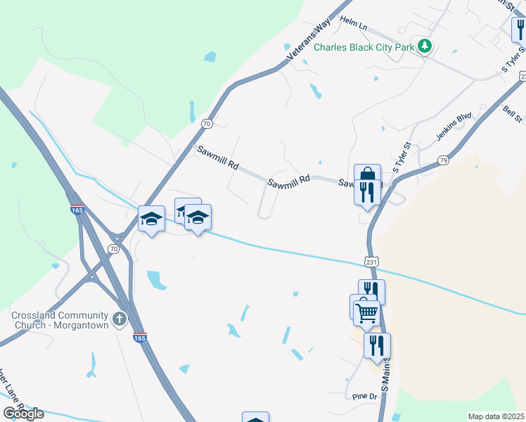 map of restaurants, bars, coffee shops, grocery stores, and more near 125 Cherokee Drive in Morgantown