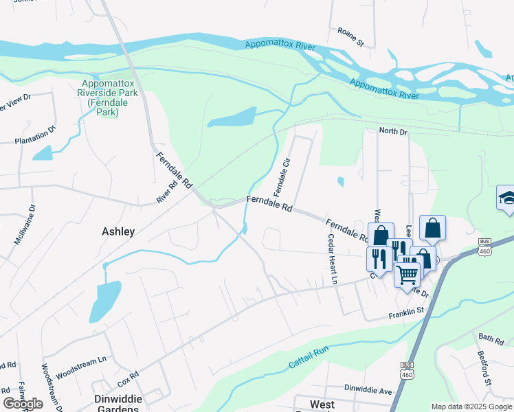 map of restaurants, bars, coffee shops, grocery stores, and more near 25315 Ferndale Road in Petersburg