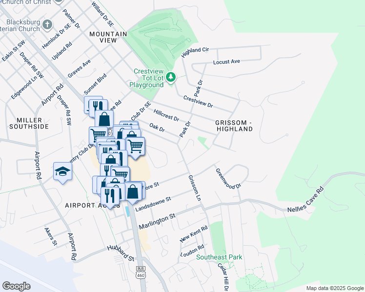 map of restaurants, bars, coffee shops, grocery stores, and more near 501 Cranwell Circle in Blacksburg