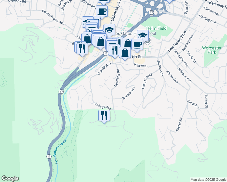map of restaurants, bars, coffee shops, grocery stores, and more near 111 Reservoir Road in Los Gatos