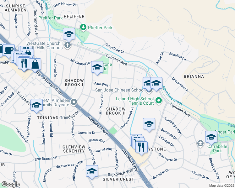 map of restaurants, bars, coffee shops, grocery stores, and more near 6686 Bret Harte Drive in San Jose