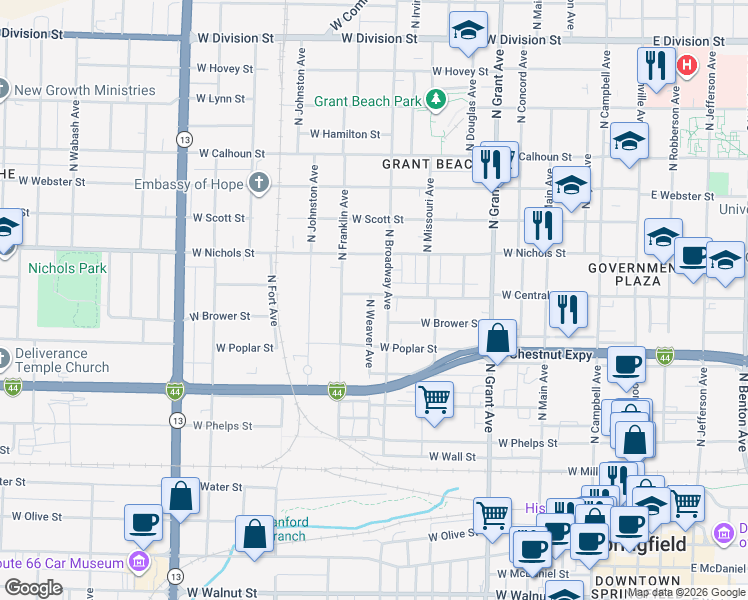 map of restaurants, bars, coffee shops, grocery stores, and more near 826 North Weaver Avenue in Springfield
