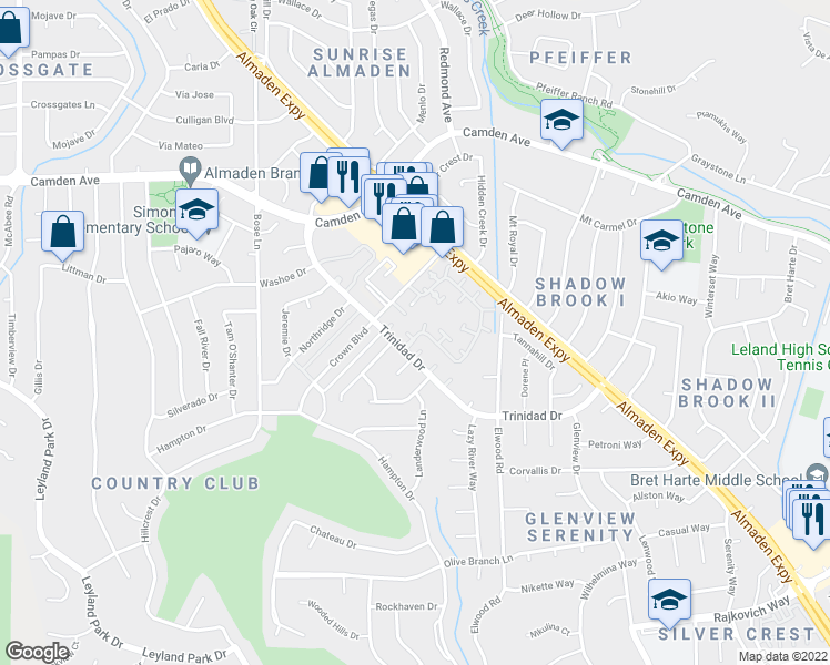 map of restaurants, bars, coffee shops, grocery stores, and more near 6539 Cobblestone Court in San Jose