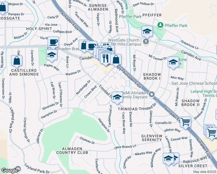 map of restaurants, bars, coffee shops, grocery stores, and more near 6539 Cobblestone Court in San Jose