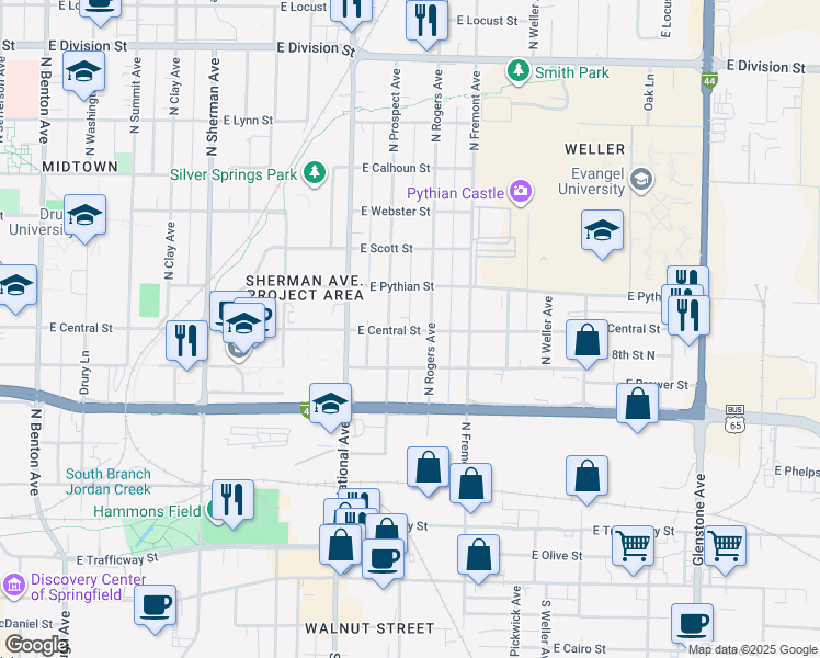 map of restaurants, bars, coffee shops, grocery stores, and more near 907 North Rogers Avenue in Springfield