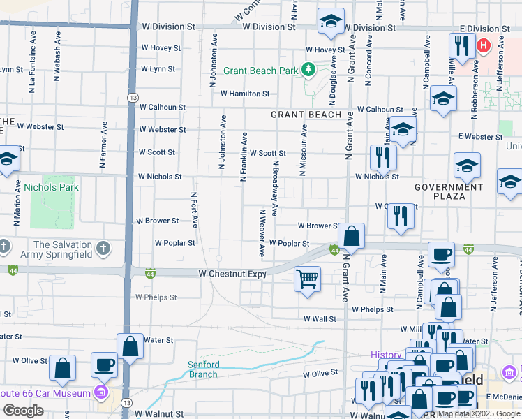 map of restaurants, bars, coffee shops, grocery stores, and more near 1033 West Central Street in Springfield