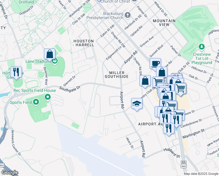 map of restaurants, bars, coffee shops, grocery stores, and more near 509 Southgate Drive in Blacksburg