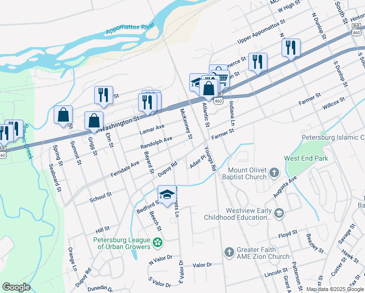 map of restaurants, bars, coffee shops, grocery stores, and more near 1622 Ferndale Avenue in Petersburg