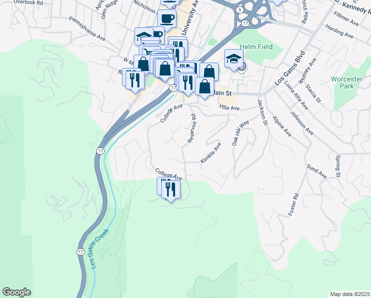 map of restaurants, bars, coffee shops, grocery stores, and more near 111 Reservoir Road in Los Gatos