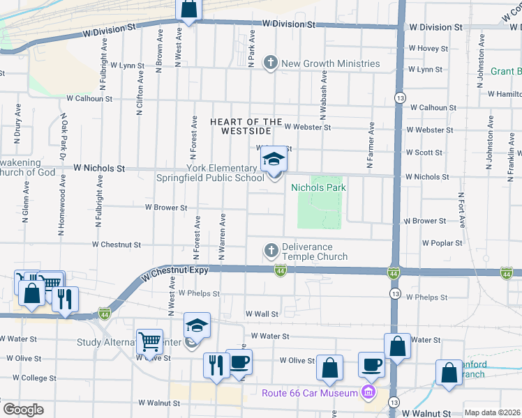 map of restaurants, bars, coffee shops, grocery stores, and more near 2156 West Central Street in Springfield