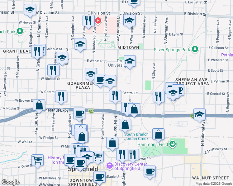 map of restaurants, bars, coffee shops, grocery stores, and more near Drury Lane in Springfield