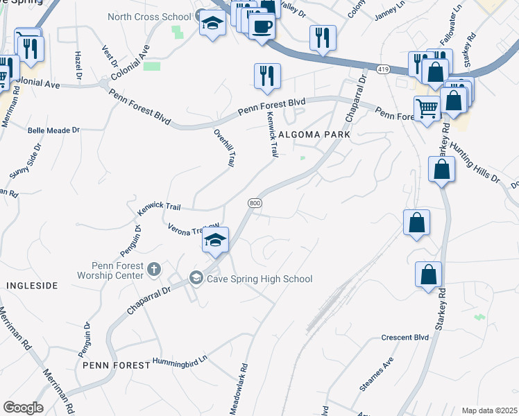 map of restaurants, bars, coffee shops, grocery stores, and more near 3509 Poff Lane in Cave Spring