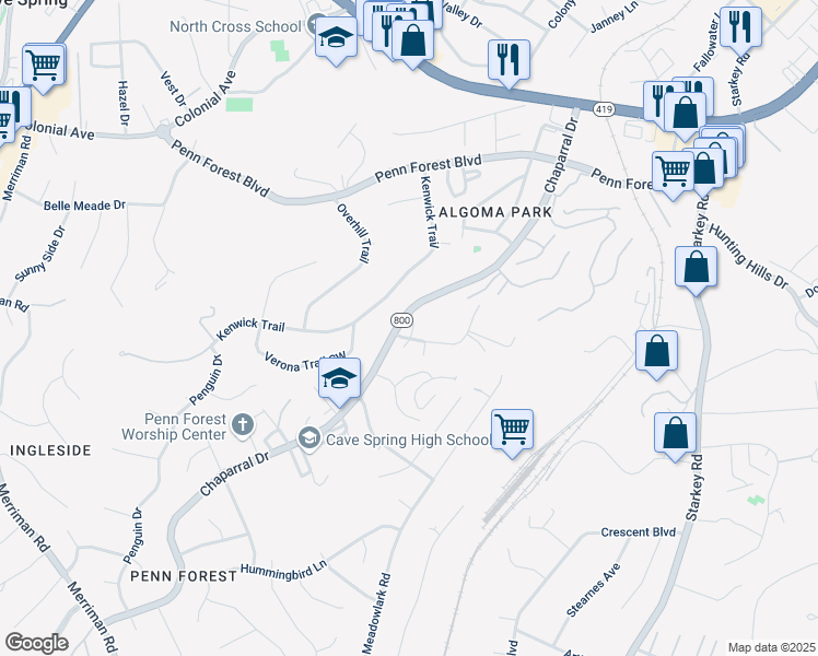 map of restaurants, bars, coffee shops, grocery stores, and more near 3509 Poff Lane in Cave Spring