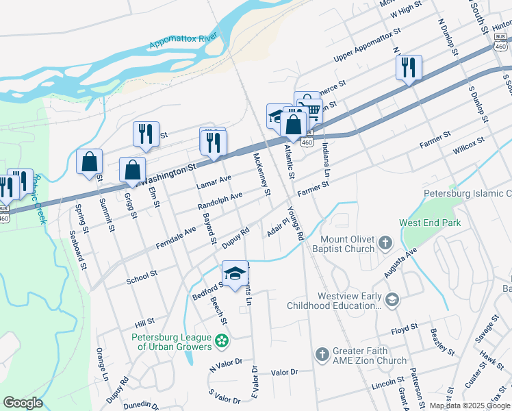 map of restaurants, bars, coffee shops, grocery stores, and more near 1622 Ferndale Avenue in Petersburg