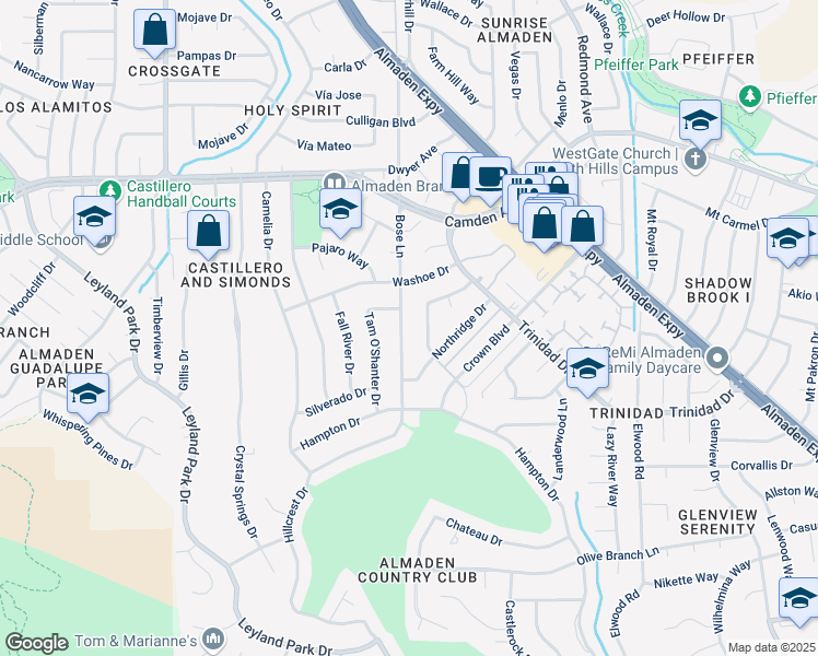 map of restaurants, bars, coffee shops, grocery stores, and more near 6564 Bose Lane in San Jose