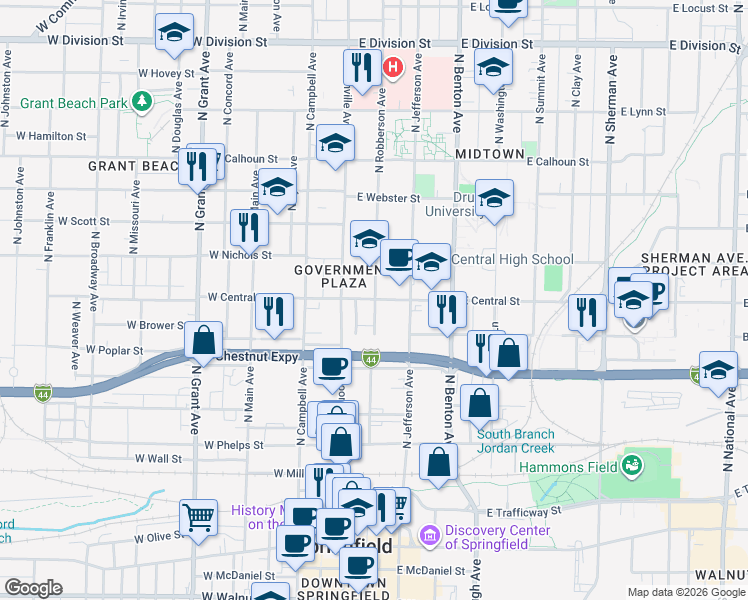 map of restaurants, bars, coffee shops, grocery stores, and more near 290 East Central Street in Springfield