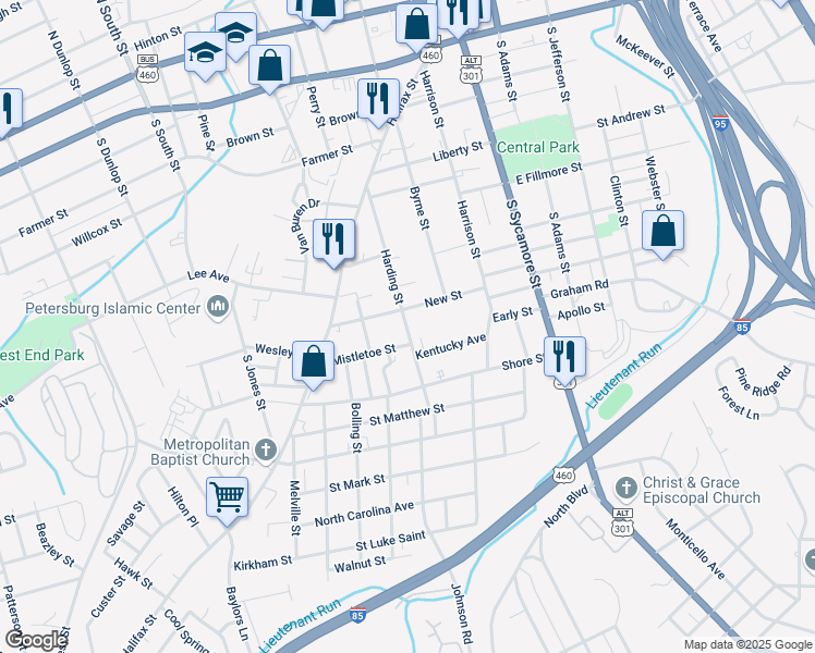 map of restaurants, bars, coffee shops, grocery stores, and more near 231 New Street in Petersburg
