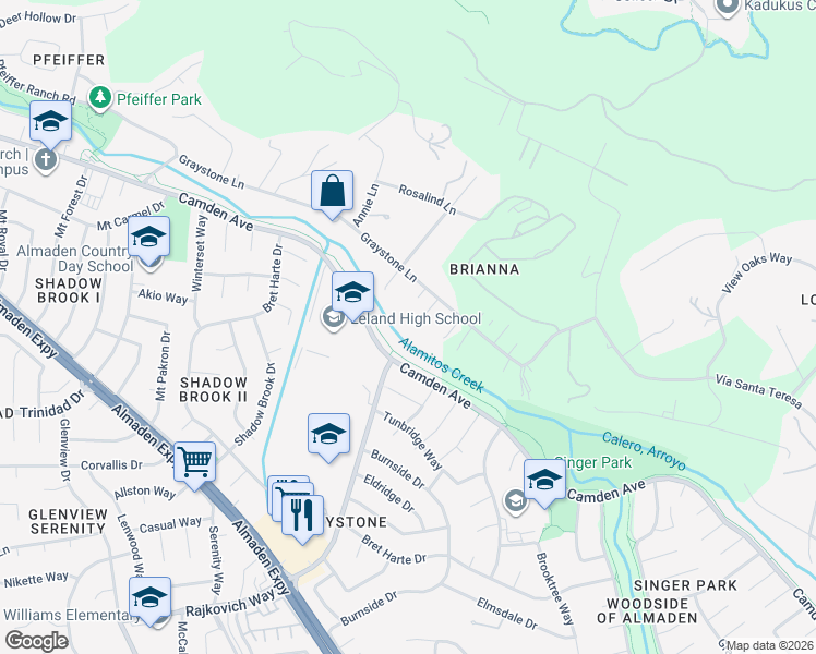 map of restaurants, bars, coffee shops, grocery stores, and more near 18941 Graystone Lane in San Jose