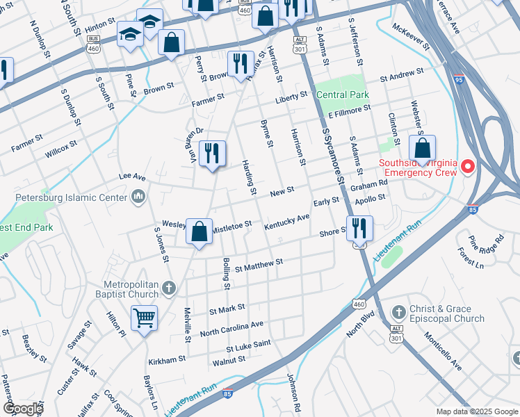 map of restaurants, bars, coffee shops, grocery stores, and more near 231 New Street in Petersburg