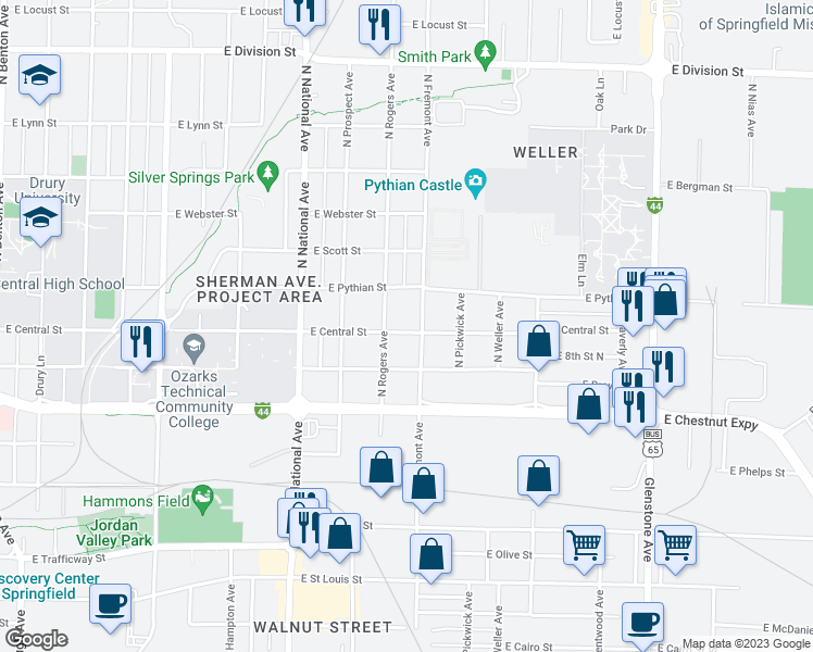 map of restaurants, bars, coffee shops, grocery stores, and more near 1369 East Central Street in Springfield