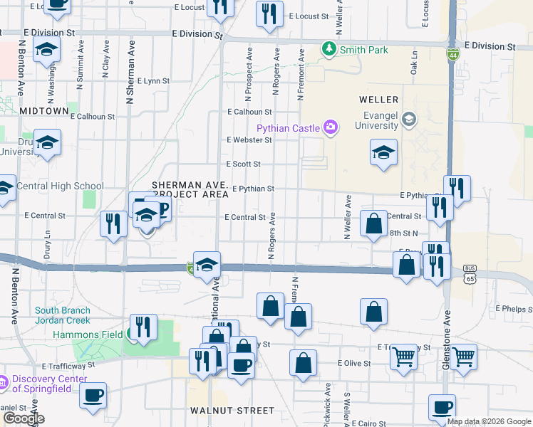 map of restaurants, bars, coffee shops, grocery stores, and more near 907 North Rogers Avenue in Springfield