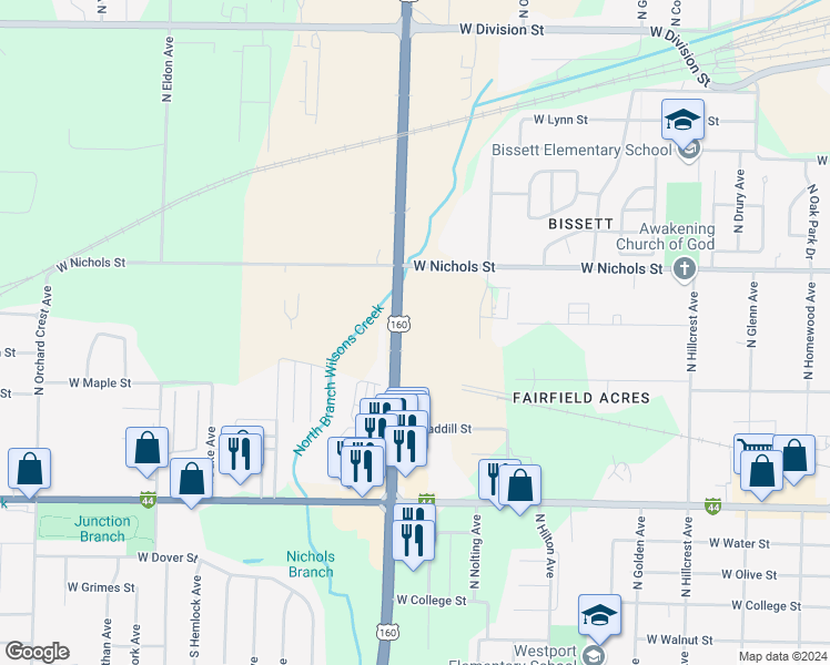 map of restaurants, bars, coffee shops, grocery stores, and more near 804 North West Bypass in Springfield