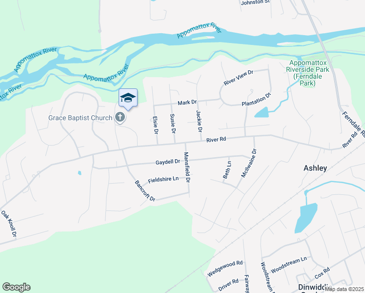 map of restaurants, bars, coffee shops, grocery stores, and more near 24115 River Road in Petersburg