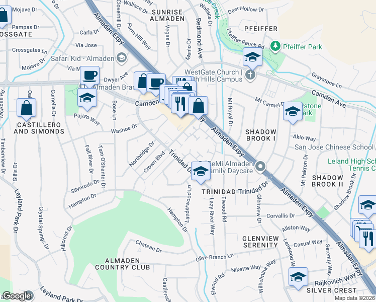 map of restaurants, bars, coffee shops, grocery stores, and more near 6714 Leatherwood Court in San Jose