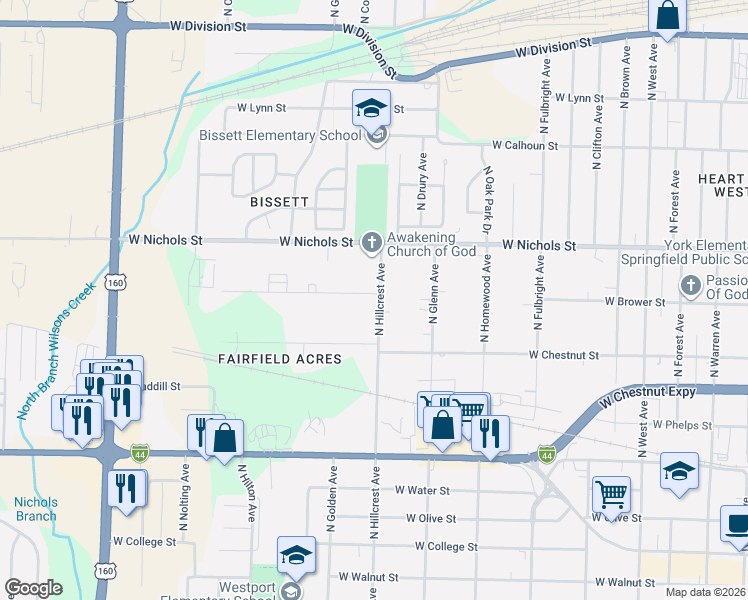 map of restaurants, bars, coffee shops, grocery stores, and more near 803 North Hillcrest Avenue in Springfield
