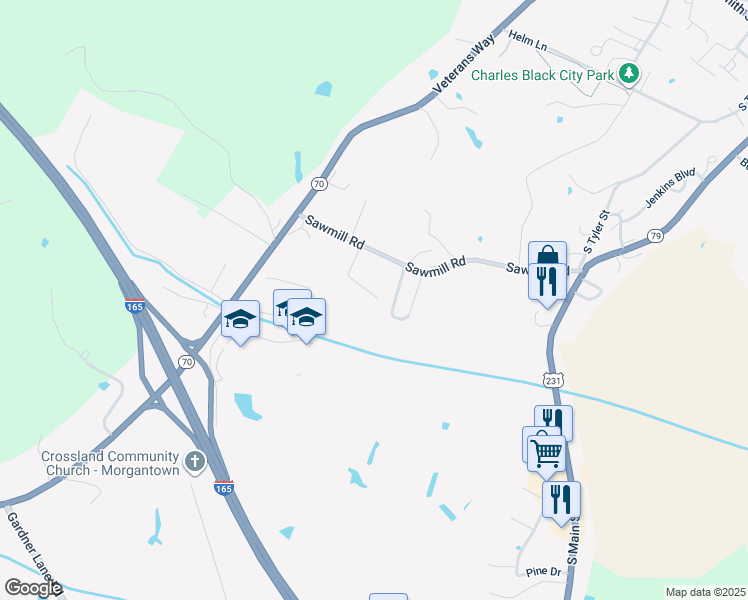 map of restaurants, bars, coffee shops, grocery stores, and more near 125 Cherokee Drive in Morgantown