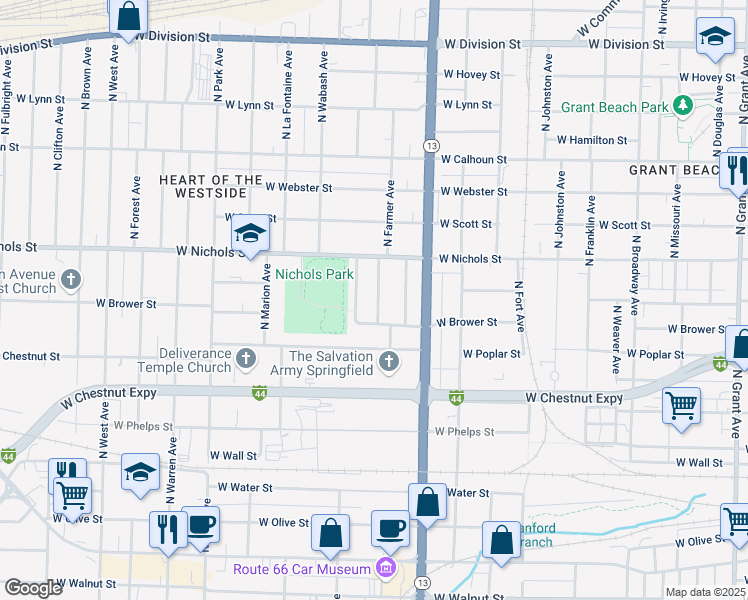 map of restaurants, bars, coffee shops, grocery stores, and more near 829 North Farmer Avenue in Springfield