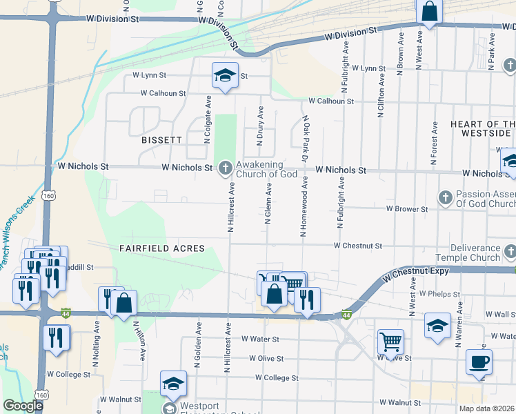 map of restaurants, bars, coffee shops, grocery stores, and more near 808 North Hillcrest Avenue in Springfield