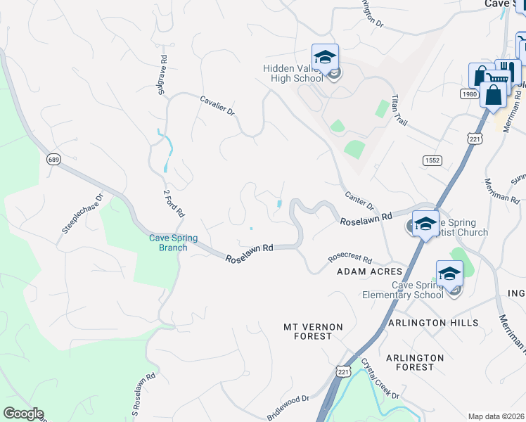 map of restaurants, bars, coffee shops, grocery stores, and more near 5448-5468 Highfields Road in Cave Spring