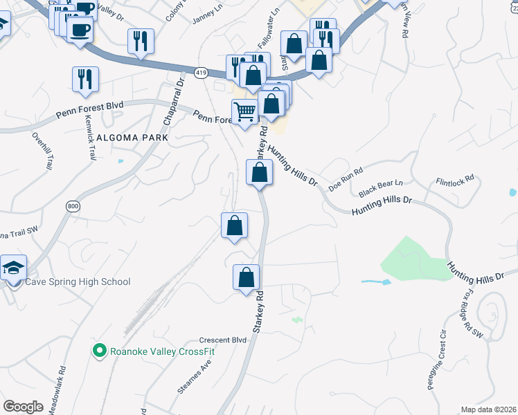 map of restaurants, bars, coffee shops, grocery stores, and more near 4939 Starkey Road in Cave Spring